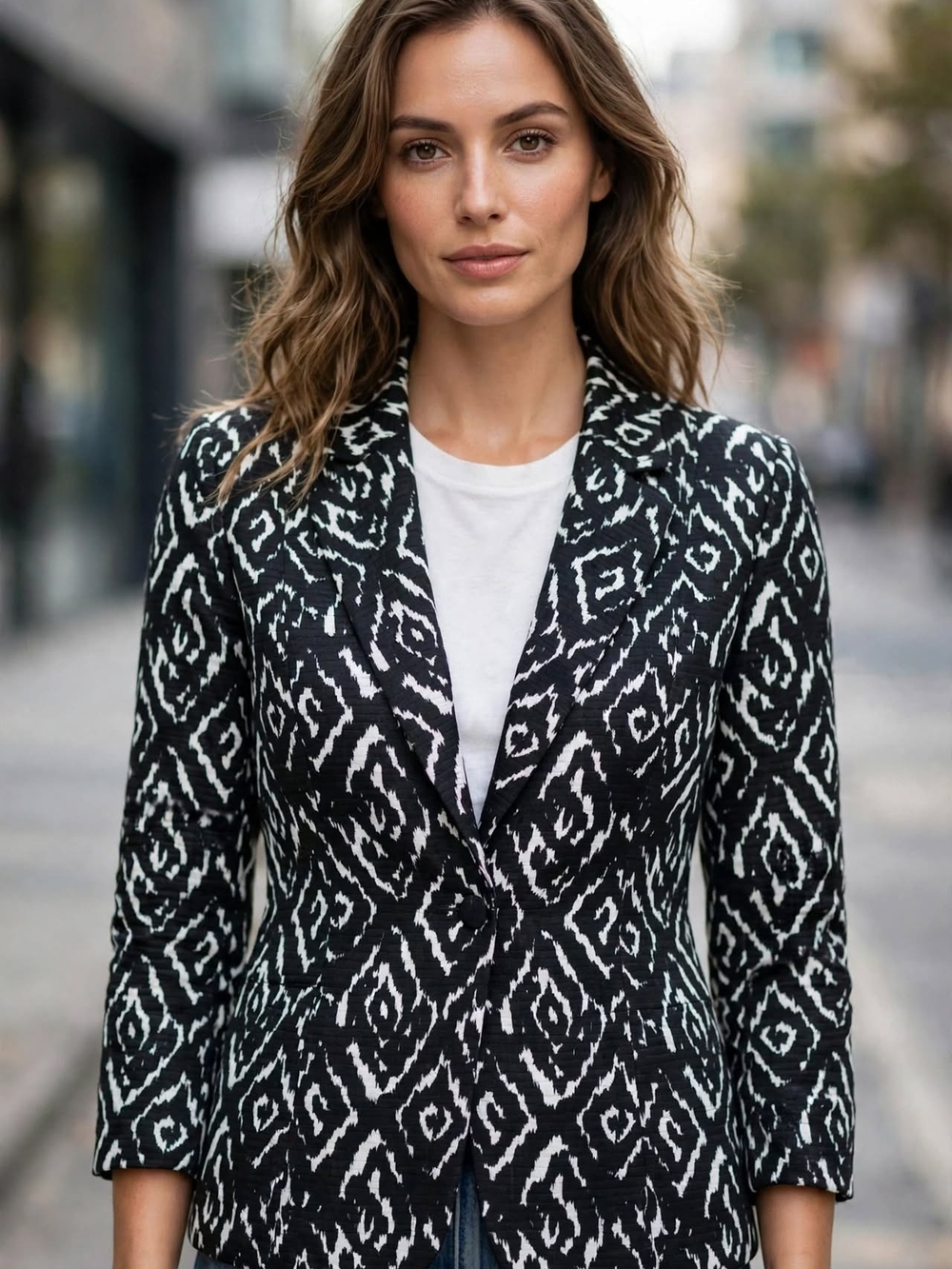 Laura Max Blazer Jacket S Black White Ikat Diamond Geometric Quilted Office Care